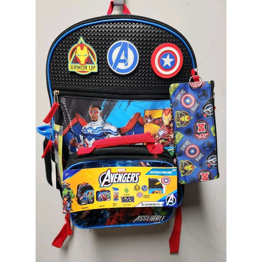 Marvel Avengers Boys Customizable Charm 17" 6-Piece Backpack Set, Royal Blue